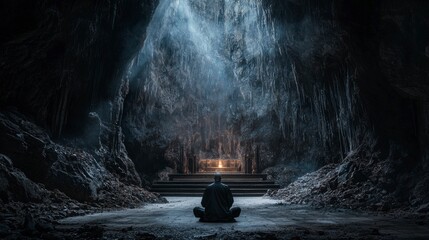 Poster - Meditation in a forgotten mountain temple serene cavern mystical atmosphere tranquil setting
