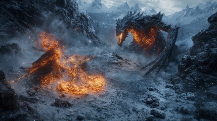 Aufkleber - Celestial battle between fire and ice frozen mountain valley fantasy scene dramatic landscape epic clash