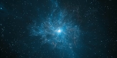 Wall Mural - Blue galaxy core with radiant star cluster in dark cosmos. Spiral nebula with glowing center and scattered stars. Vast interstellar space with celestial light for astronomy studies and cosmic imagery.