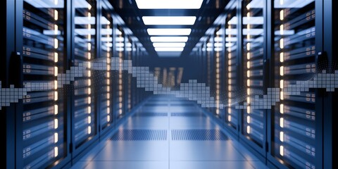Fototapete - Server room with rows of network servers, illuminated by blue light, and a digital overlay of a pixelated wave graphic, symbolizing data flow and processing.