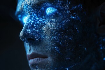 Aufkleber - Futuristic humanoid figure with glowing blue eyes and textured skin illuminated in a dark setting