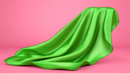 Poster - Lime green fabric draped over a pedestal against a pink background. Soft, flowing texture and elegant folds are visible. The lighting is soft and even, highlighting the fabric's sheen.