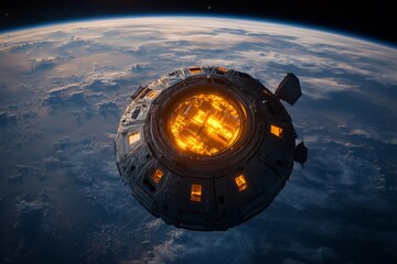Poster - Spacecraft hovering above Earth with illuminated panels showcasing advanced technology in low orbit