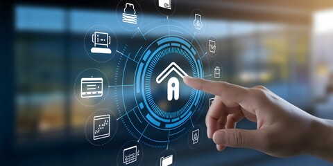 Fototapete - A finger interacts with a futuristic, circular, holographic interface, selecting a home icon. Smart home automation and technology concept.