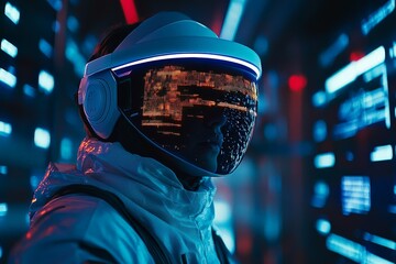 Poster - Futuristic astronaut in illuminated helmet navigating a high-tech environment with digital displays at night