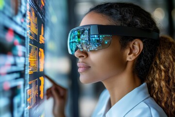 Aufkleber - Innovative technology and virtual reality showcase in a modern workspace with a focused professional using smart glasses