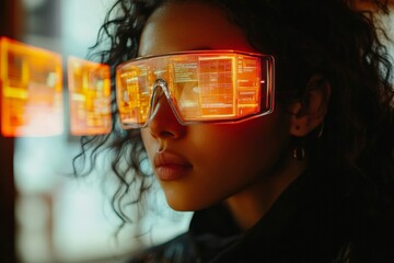 Aufkleber - High-tech glasses illuminate a woman's face while she explores digital data in a futuristic setting