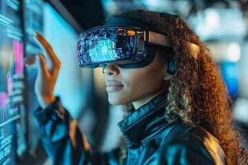 Poster - Woman explores virtual reality in a futuristic technology space at an exhibition event