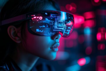 Poster - Young woman wearing futuristic glasses immersed in a digital world with vibrant neon colors and technology visuals