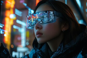 Aufkleber - Reflective high-tech glasses on a young woman observing digital data in a vibrant, futuristic city environment at night