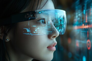 Aufkleber - Young woman using augmented reality glasses to interact with digital information in a futuristic environment