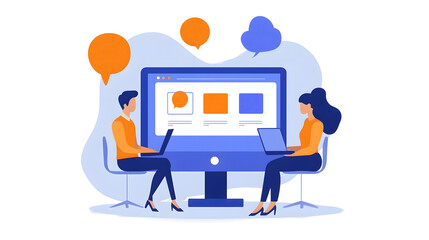 Poster - Two business professionals collaborating on a digital presentation together at a modern office workspace  They are using a desktop computer