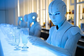 Poster - Robots prepare drinks at a futuristic bar showcasing advanced technology and design