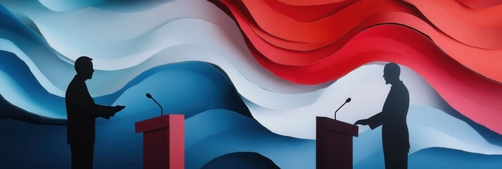Poster - Engaging political debate with bold silhouettes and vibrant paper wave background Generative AI