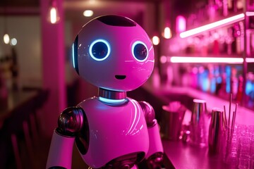 Aufkleber - Robot bartender serving drinks in an illuminated bar with vibrant neon colors at night