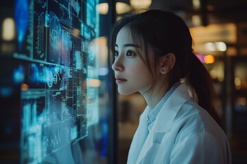 Leinwandbilder - young scientist analyzes data on digital screen in a modern laboratory at night