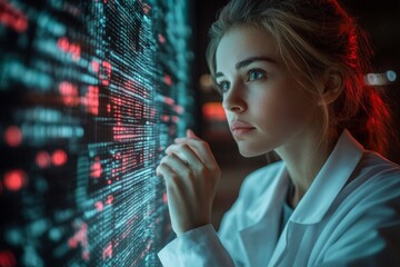 Aufkleber - Young scientist analyzing data on a digital display in a laboratory at night