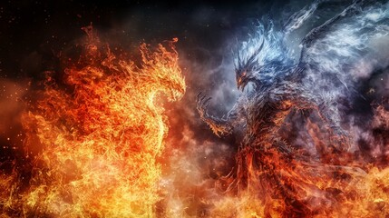 Poster - Celestial warrior battles fire beast in fiery sky fantasy artwork dynamic scene dramatic perspective mythical concept