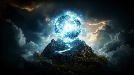 Aufkleber - Celestial being channels prana amidst cosmic landscape mountain view digital art ethereal environment
