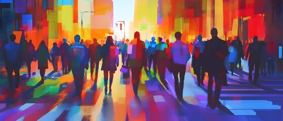 Poster - Vibrant and dynamic cityscape with colorful silhouettes of pedestrians in a fast paced urban movement  The image captures the energy and hustle of city life