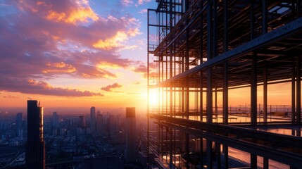 Poster - A modern skyscraper under construction, golden sunset light reflecting off the steel framework.