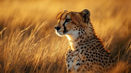 Wall Mural - cheetah gazing across the savanna soft golden sunlight highlighting sleek fur moody atmospheric wild