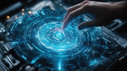 Poster - Futuristic holographic interface showing a digital team collaboration network.
