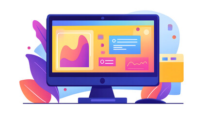 Aufkleber - Vibrant digital dashboard displayed on computer monitor with various graphs charts and infographic elements for business analytics data visualization and performance reporting