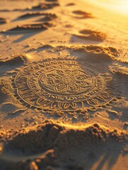 Poster - Intricate sand drawings create artistic symbols under warm golden light on the beach during sunset