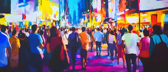 Poster - Vibrant fast paced nighttime scene of a crowded city street filled with pedestrians neon signs towering skyscrapers and the bustling energy of a thriving metropolitan commercial district