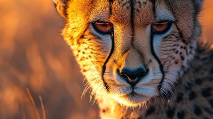 Wall Mural - close-up of a cheetah piercing gaze glowing in golden hour light soft blurred savanna background dee