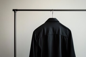 Poster - Black jacket hanging on a simple clothing rack against a plain background showcasing minimalistic design aesthetics