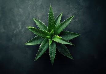 Poster - Green Aloe Vera Plant with Sharp Leaves on Dark Background for Natural Wellness, Herbal Remedies, and Home Decor Inspiration