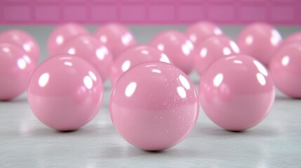 Poster - Close up of pink spheres, one with glitter, against a pale pink background. Smooth, shiny texture, soft lighting.  Studio shot.