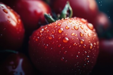 Poster - Freshly harvested red tomatoes glistening with dew in a garden setting during early morning