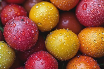 Aufkleber - Freshly harvested fruits with droplets glistening under natural light in a market setting