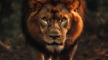 Wall Mural - close-up of a lion walking forward fierce eyes locked on camera dramatic lighting wild atmosphere ci