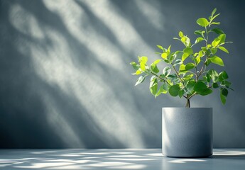 Poster - Green Leaves Plant in Gray Pot with Soft Shadows on Wall, Indoor Decoration, Natural Home Environment, Contemporary Style for Elevated Aesthetic Spaces