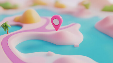 Leinwandbilder - Vibrant travel map pin pointer marking tropical beach destination for summer vacation or holiday adventure  Colorful abstract palm tree and ocean landscape background in pink blue and yellow tones