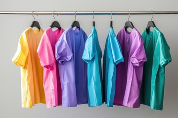 Poster - Colorful shirts displayed on hangers in a modern retail setting during daylight