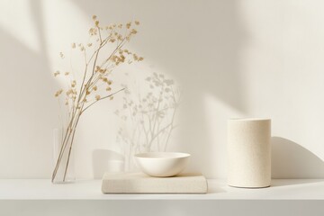 Fototapete - Minimalist decor with dried flowers and soft shadows in a serene indoor setting
