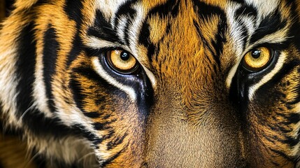 Wall Mural - close-up of a tiger piercing gaze intricate fur texture illuminated by soft golden highlights deep c