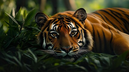 Wall Mural - close-up of malayan tiger reclining among deep green foliage piercing eyes soft golden light cinemat