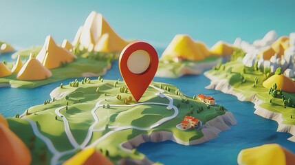 Poster - Whimsical and Playful Illustrated 3D Fantasy Landscape Map with Marker Pin Showing a Scenic Mountain Lake and Valley Environment for Adventure Travel Concepts