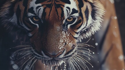 Wall Mural - close-up of tiger fierce eyes as rain drips from its whiskers water rippling around powerful paws ci