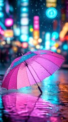 Poster - pink and purple umbrella sits in a puddle reflecting neon city lights at night during a light rain. 