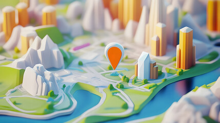 Poster - Whimsical miniature 3D cartoon of a vibrant and colorful city landscape with mountains forests rivers and urban architecture in a playful stylized perspective