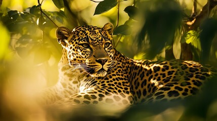 Wall Mural - confident leopard resting in golden light deep focus on sharp patterns soft blurred green leaves cre