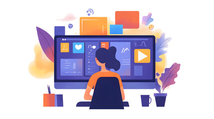 Fototapete - Woman sitting at desk using laptop computer with various digital application interfaces and tools in a clean contemporary home or office workspace setting