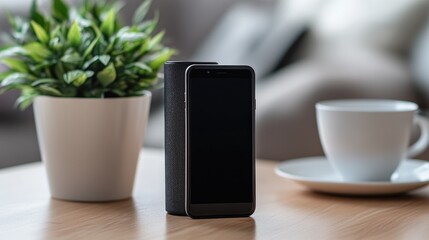 Poster - Modern workspace with a phone on speaker mode during a call.